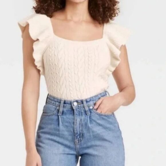 A NEW DAY Cream Off White Cable Knit Flutter Sleeve Tank Sweater Size Small - Picture 1 of 7